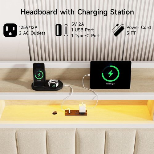 ONBRILL ERGONOMIC STORAGE HEADBOARD WITH LED LIGHTS & CHARGING STATION - KING - WHITE (MODEL: HB-103-WH-K) image 3