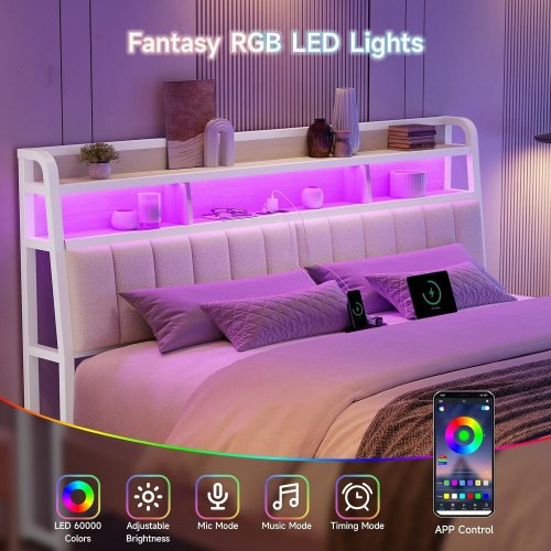 ONBRILL ERGONOMIC STORAGE HEADBOARD WITH LED LIGHTS & CHARGING STATION - KING - WHITE (MODEL: HB-103-WH-K) image 4