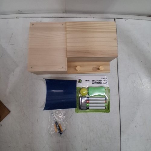 WALL-MOUNT WOOD STORAGE ORGANIZER WITH HOOKS AND MAGNETIC WHITEBOARD - 12" X 8" - NATURAL WOOD image 3