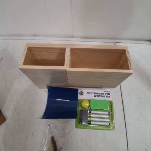 WALL-MOUNT WOOD STORAGE ORGANIZER WITH HOOKS AND MAGNETIC WHITEBOARD - 12" X 8" - NATURAL WOOD image 4