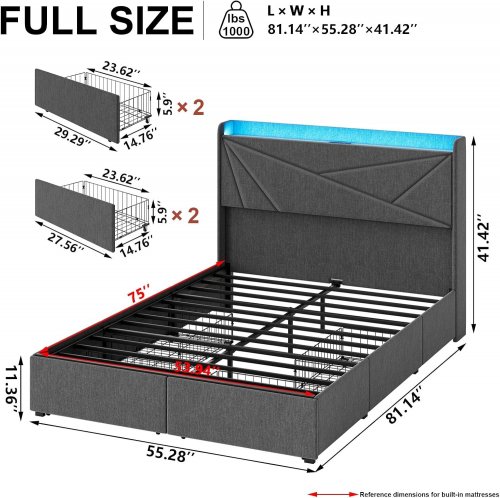 HAUSOURCE METAL PLATFORM BED FRAME WITH UPHOLSTERED SHELF HEADBOARD, 4 STORAGE DRAWERS, & CHARGING STATION - FULL - GREY - (MODEL: HB0701GKDG) image 2