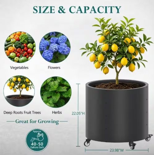 2PK ROUND GALVANIZED STEEL FLOWER POTS WITH WHEELS - BLACK (MODEL: YWQ2512103-BLACK-YX) image 2