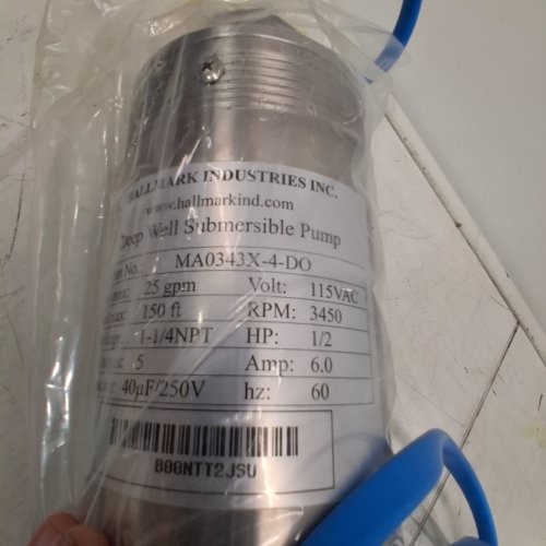 HALLMARK INDUSTRIES DEEP WELL SUBMERSIBLE PUMP - 25 GPM - 150FT - 115 V - 1/2 H/P - 6 AMP - 3450 RPM - 60 HZ (MODEL: MA0343X-4-DO) image 3