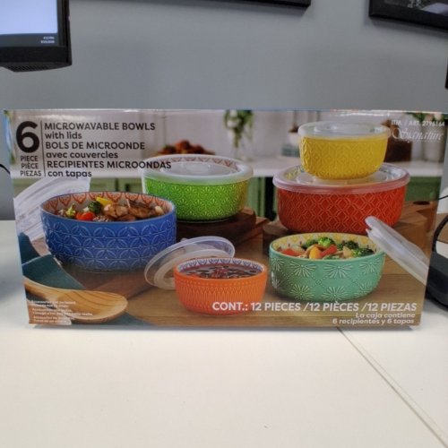 12pc SIGNATURE HOUSEWARES MICROWAVEABLE STONEWARE BOWLS WITH LIDS - VARIOUS PATTERNS AND COLOURS (MODEL: 2796164) image 4