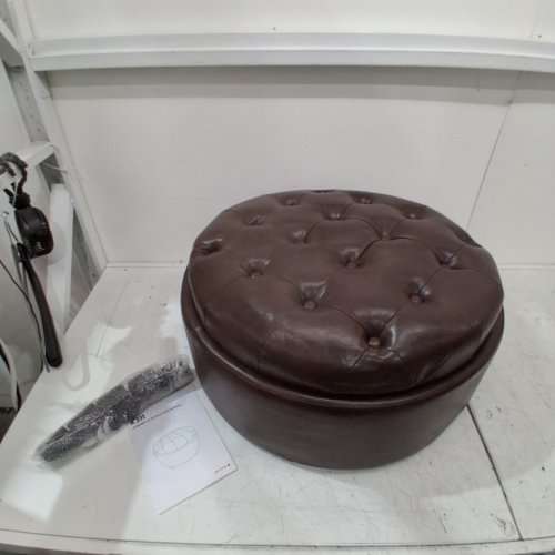 COLAMY LEATHER ROUND STORAGE OTTOMAN WITH REVERSIBLE TRAY LID -25" - BROWN (MODEL: K311) image 2