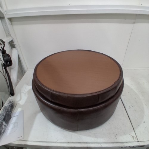 COLAMY LEATHER ROUND STORAGE OTTOMAN WITH REVERSIBLE TRAY LID -25" - BROWN (MODEL: K311) image 7