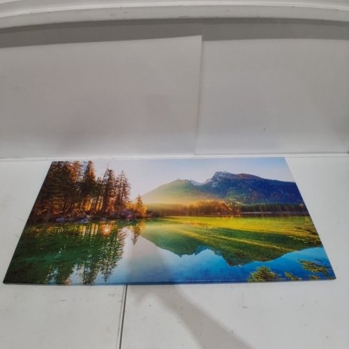 LASDEL BEAUTIFUL LAKE MOUNTAIN SUNRISE LANDSCAPE CANVAS WALL ART - 39.5" X 20" - GREEN AND BLUE image 2