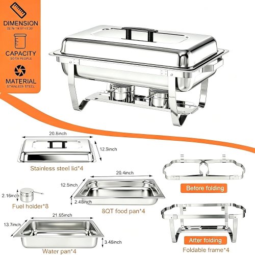 4PK STAINLESS STEEL PARTY SIZED CHAFING DISHES - 9 QT - SILVER image 2