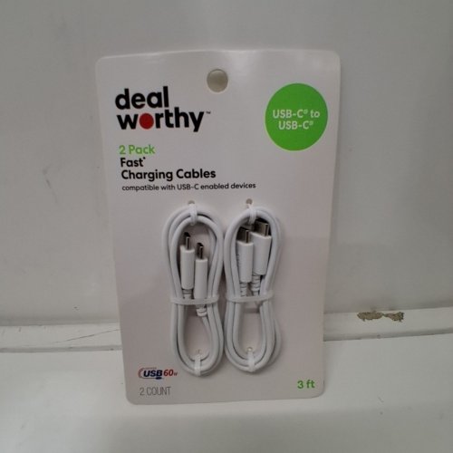 2PK DEALWORTHY FAST CHARGING CABLES - USB-C TO USB-C - 3FT - WHITE (MODEL: 080-08-5176) image 2