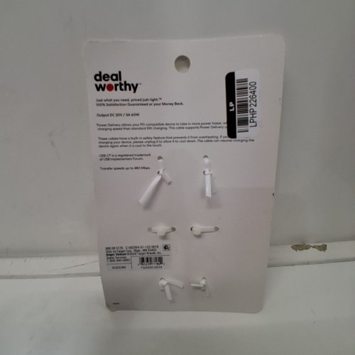 2PK DEALWORTHY FAST CHARGING CABLES - USB-C TO USB-C - 3FT - WHITE (MODEL: 080-08-5176) image 3