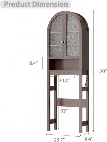 OVER THE TOILET ARCHED FREESTANDING STORAGE CABINET WITH SEE THROUGH DOORS - 23.7" X 70" X 8.4" - LIGHT BROWN (MODEL: JMJ02-QHLYX-25081701) image 2