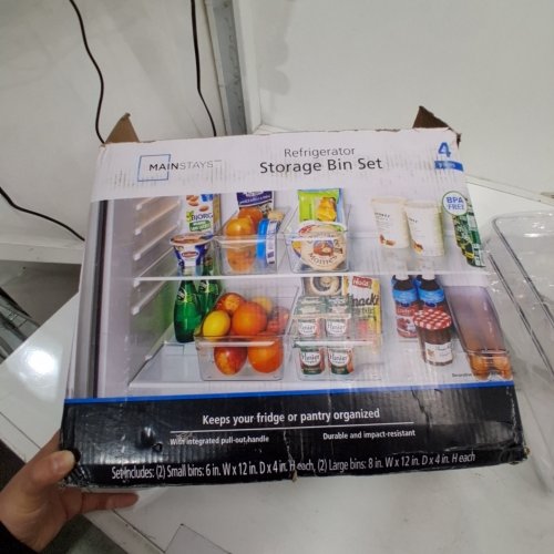 4PC MAINSTAYS REFRIGERATOR STORAGE BIN SET - SMALL: 6" X 12" X 4" / LARGE: 8" X 12" X 4" - CLEAR image 2