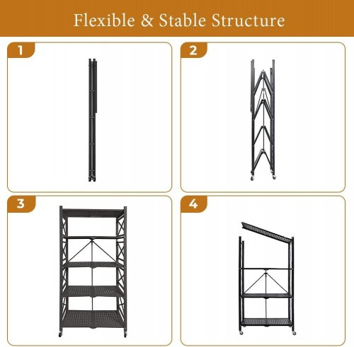 5 TIER FOLDABLE STORAGE SHELVES WITH WHEELS - 13.4" X 25.6" X 59" - 750LBS CAPACITY - BLACK (MODEL:SR5T001) image 2