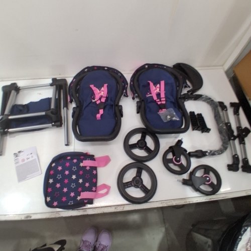 BAYER DESIGN - TWIN DOLLS PRAM XEO - ADJUSTABLE HANDLE BABY STROLLER FOR DOLLS WITH CHILDRENS SIDE BAG - NAVY/PINK - (MODEL: 26716AA) image 3