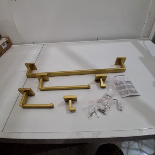 5PC TURS BATHROOM ACCESSORY SET - TOWEL BAR, TOILET PAPER HOLDER, TOWEL RING AND HOOKS - SQUARED, BRUSHED GOLD image 2