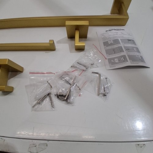 5PC TURS BATHROOM ACCESSORY SET - TOWEL BAR, TOILET PAPER HOLDER, TOWEL RING AND HOOKS - SQUARED, BRUSHED GOLD image 3