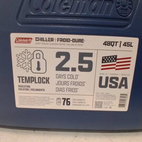 COLEMAN CHILLER PORTABLE INSULATED HARD COOLER WITH HEAVY DUTY HANDLES - 48QT - DARK BLUE (MODEL: 2226955) image 7