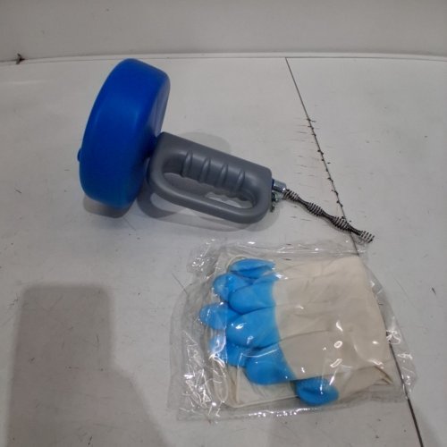 HAND-CRANK TOILET DRAIN AUGER WITH FLEXIBLE METAL SNAKE CABLE AND PROTECTIVE GLOVES - BLUE AND GREY image 2
