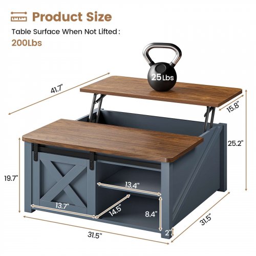SEDETA FARMHOUSE WOODEN LIFT TOP SQUARE COFFEE TABLE WITH SLIDING BARN DOORS - 31" X 31" X 20" - BLUE/BROWN - (MODEL: AJ-DJ503441_4) image 2