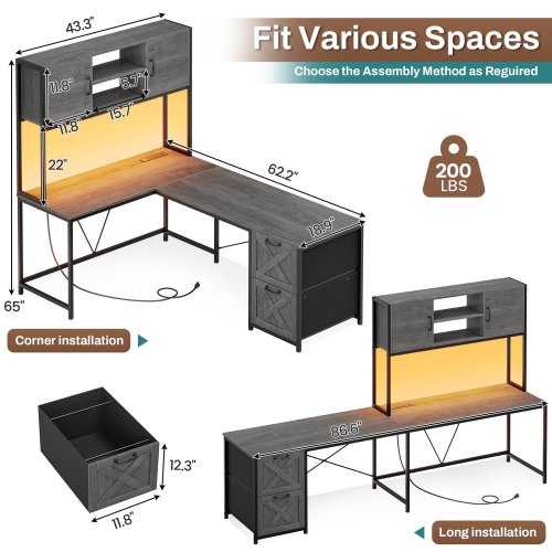 SEDETA L SHAPED WOODEN GAMING DESK WITH FABRIC DRAWERS, STORAGE HUTCH & CHARGING STATION - 62"/87" X 19" - GREY - (MODEL: AJ-DJ503351_3) image 2