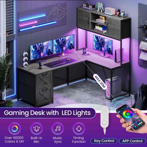 SEDETA L SHAPED WOODEN GAMING DESK WITH FABRIC DRAWERS, STORAGE HUTCH & CHARGING STATION - 62"/87" X 19" - GREY - (MODEL: AJ-DJ503351_3) image 3