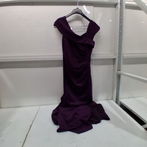WOMEN'S XSCAPE ASYMMETRICAL NECK CAP SLEEVE RUCHED HIGH SLIT GOWN - SIZE 10 - PURPLE (STYLE: 6414XA) image 2