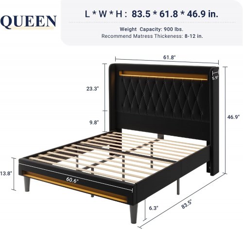 ALLEWIE UPHOLSTERED PLATFORM BED FRAME WITH LED LIGHTS & CHARGING STATION - QUEEN - BLACK (MODEL: KRQSPDD002) image 2