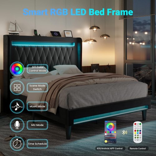 ALLEWIE UPHOLSTERED PLATFORM BED FRAME WITH LED LIGHTS & CHARGING STATION - QUEEN - BLACK (MODEL: KRQSPDD002) image 3