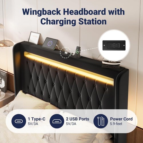 ALLEWIE UPHOLSTERED PLATFORM BED FRAME WITH LED LIGHTS & CHARGING STATION - QUEEN - BLACK (MODEL: KRQSPDD002) image 4