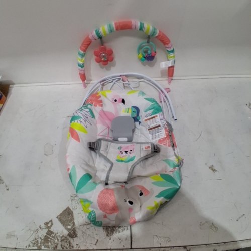 KIDS BRIGHT STARTS 3 POINT HARNESS VIBRATING BOUNCER WITH TOY BAR - FLAMINGO VIBES (MODEL:12228) image 3