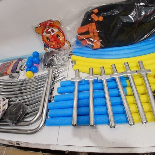KIDS TRAMPOLINE WITH ENCLOSURE NET - GYMNASTICS RINGS, BASKETBALL HOOP, SWING, SANDBAG, AND BALLS - 60" - BLUE / YELLOW image 4