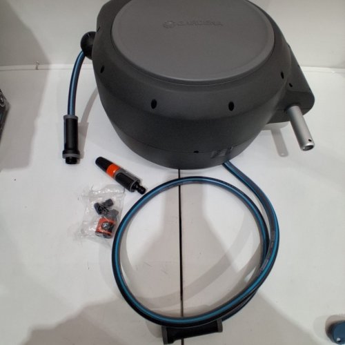 GARDENA ROLLUP WALL MOUNTED RETRACTABLE GARDEN HOSE REEL - 50FT - GRAY/BLUE - (MODEL: 20500-80) image 2