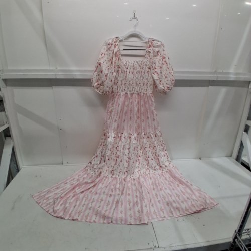 WOMENS FLORAL SQUARE NECK LONG SUMMER DRESS - SMALL - PINK image 2