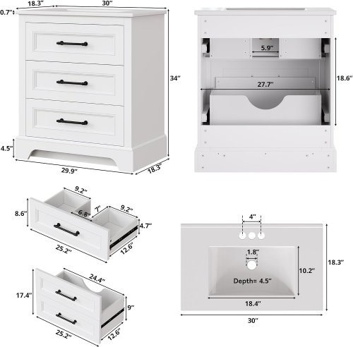 LIKIMIO WOODEN BATHROOM VANITY WITH INCLUDED SINK - 30" X 18" X 34" - WHITE - (MODEL: HK-KZXST-9) image 2