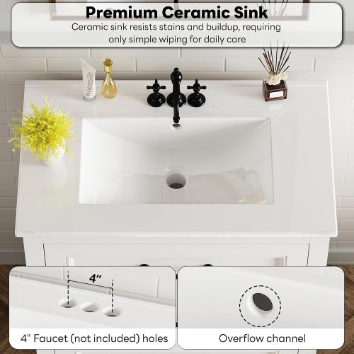 LIKIMIO WOODEN BATHROOM VANITY WITH INCLUDED SINK - 30" X 18" X 34" - WHITE - (MODEL: HK-KZXST-9) image 3