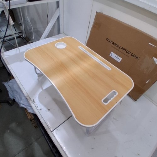 FOLDABLE LAPTOP TABLE, LAP DESK, BREAKFAST SERVING TRAY - WOOD, WITH WHITE CUPHOLDER AND DEVICE HOLDER image 3