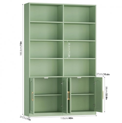 HARRIET BEE WOODEN STORAGE BOOKCASE WITH 8 OPEN SHELVES & 2 BOTTOM DOORS - 73" X 45" X 11" - GREEN - (MODEL: FPB-571-VN) image 2