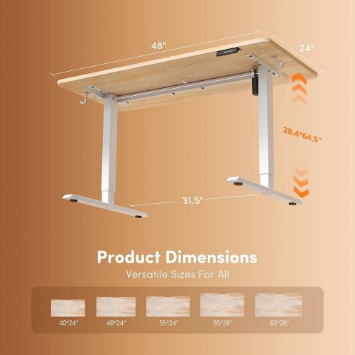 ELECTRIC STANDING DESK WITH MEMORY PRESETS, ANTI-COLLISION TECHNOLOGY, SOLID STEEL FRAME, CABLE MANAGEMENT TRAY, HOOKS, AND HEIGHT ADJUSTABLE - 48" X 24" - MAPLE (MODEL: S35) image 2