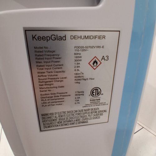 KEEPGLAD DEHUMIDIFIER WITH REUSEABLE FILTERS, COVERS 5000 SQ. FT - 6.5 L, 110-120 V, 185W - WHITE (MODEL: FDD20-5270ZV1R5-E) image 3