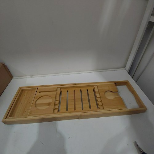 BATHTUB CADDY TRAY, UTOPLIKE BAMBOO TUB TRAY WITH SLIDING TOWEL HOLDER, BATH TABLE WITH BOOK HOLDER, PHONE STAND AND ADJUSTABLE BOOK READING RACK, TABLET SLOTS image 2