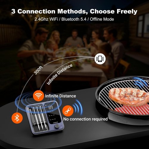 INKGRILL 4-PROBE SMART WIRELESS MEAT THERMOMETER WITH WIFI & BLUETOOTH - DIGITAL META THERMO FOR SMOKER, OVEN, BBQ & MORE - RECHARGABLE MAGNETIC BASE, BACKLIT SCREEN (MODEL: ING14) image 2