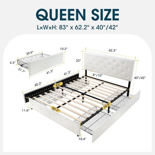 WEEWAY UPHOLSTERED BED FRAME WITH HEADBOARD & 4 STORAGE DRAWERS - QUEEN - WHITE - (MODEL: KBBT0002) image 2