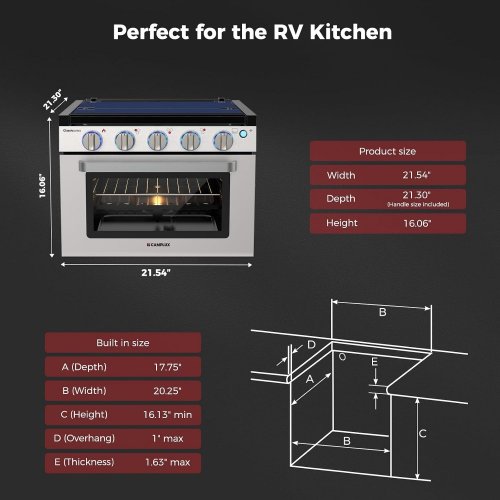CAMPLUX PROPANE GAS RV RANGE OVEN WITH 3 BURNERS& GLASS TOP - 21.54" X 16.06" X 21.30" - STAINLESS STEEL (MODEL: RGS21MSF) image 6