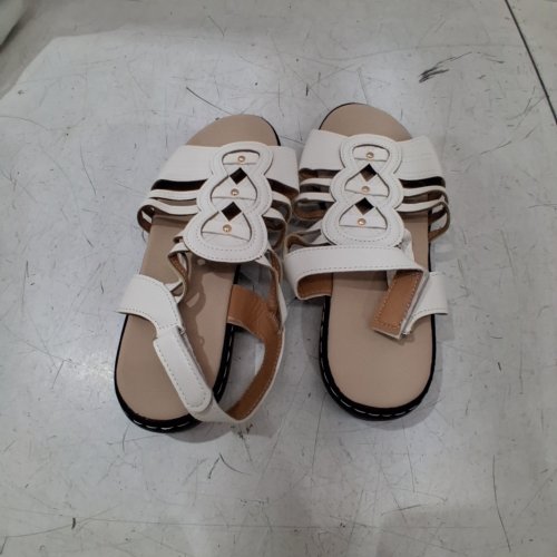 WOMENS SLOPE HEEL ROUND TOE SANDALS - 9.5 - WHITE/BROWN image 2