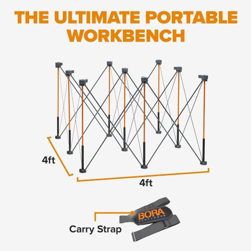 BORA CENTIPEDE PORTABLE FOLDING WORKSTAND WORKBENCG WITH CARRYING STRAP - 4FT X 4FT - 36" TALL - BLACK/ORANGE (MODEL: CT9) image 2