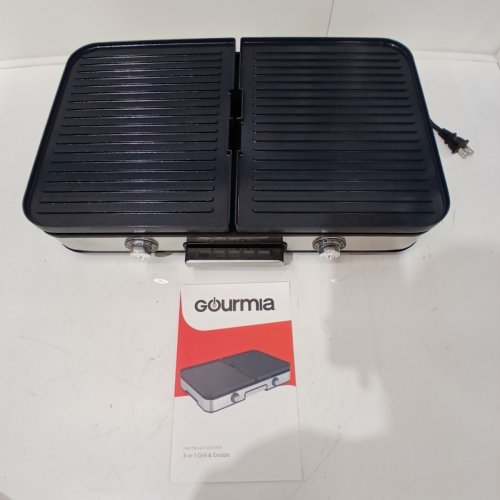 GOURMIA 3-IN-1 ELECTRIC GRILL / GRIDDLE WITH REMOVABLE NONSTICK REVERSIBLE CERAMIC PLATES - ADJUSTABLE 250-400°F DUAL COOKING ZONES - BLACK / BLUE (MODEL: GEG1430) image 4