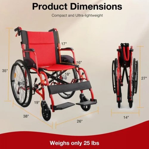 WHLICKS A06S LIGHTWEIGHT MANUAL WHEELCHAIR WITH QUICK-RELEASE WHEELS - 264LBS MAX/CAP - RED (MODEL: W-SPW0773RD) image 3