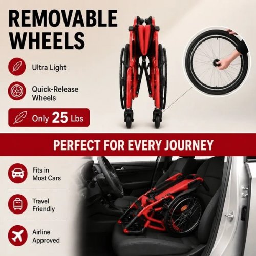 WHLICKS A06S LIGHTWEIGHT MANUAL WHEELCHAIR WITH QUICK-RELEASE WHEELS - 264LBS MAX/CAP - RED (MODEL: W-SPW0773RD) image 4