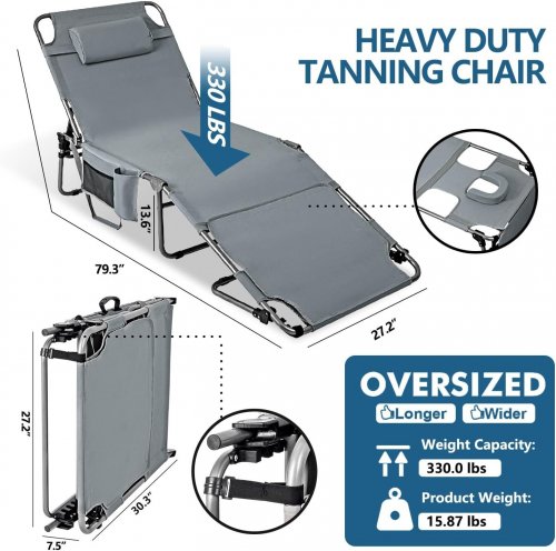 LONGTENW OVERSIZED FOLDING TANNING BEACH CHAIR WITH FACE HOLE, HEAD CUSHION, & SIDE POCKETS - 330LBS MAX - GREY image 2