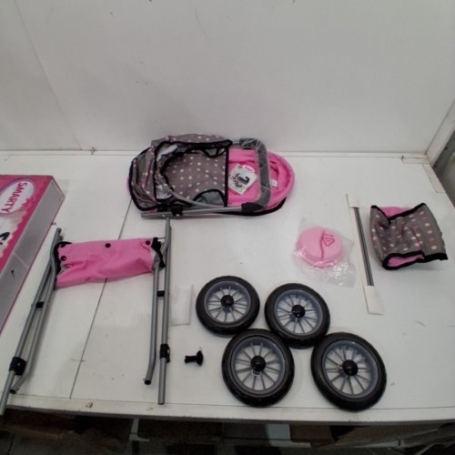 BAYER SMARTY DOLL PRAM STROLLER TOY - FOR DOLLS UP TO 18" - 23" X 15" X 22" - PINK/GREY DOTS (MODEL: 12266AB) image 2
